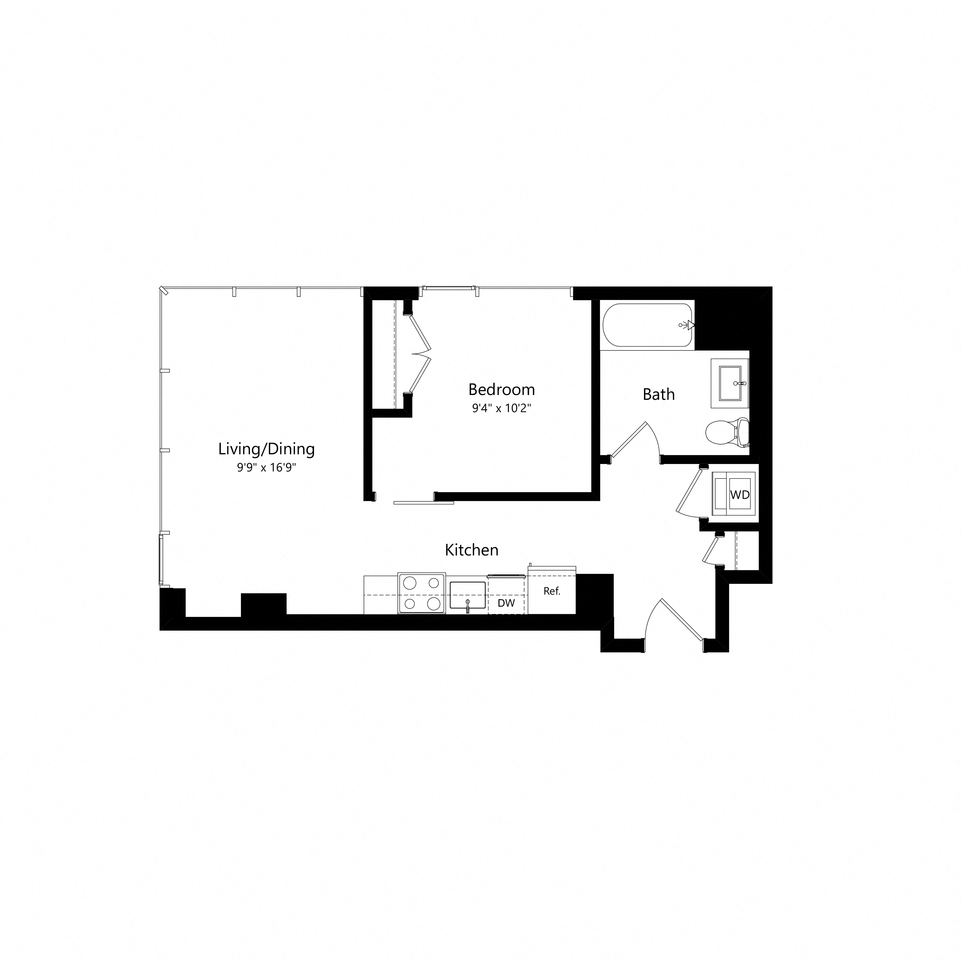 Floor plan for 1 bed, 1 bath, 551 sqft